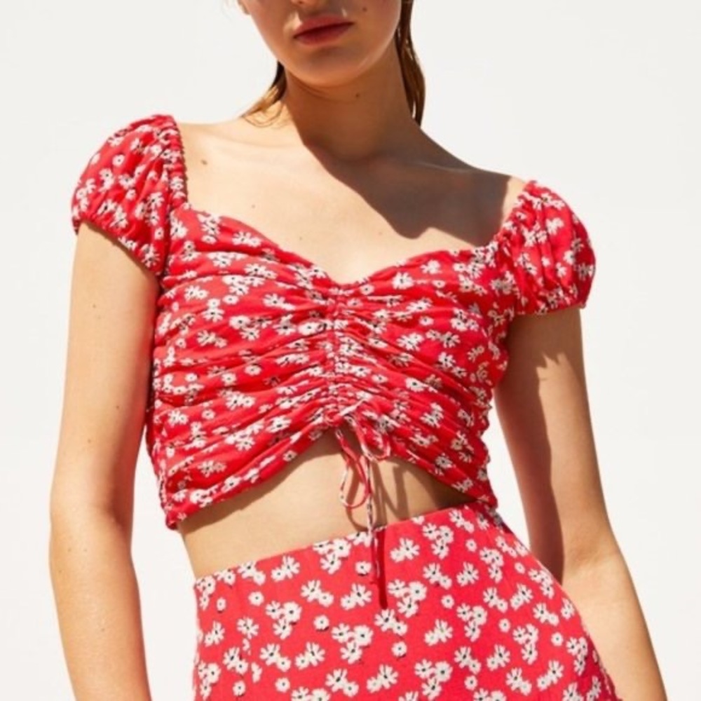 Zara pink floral cinch off the shoulder top